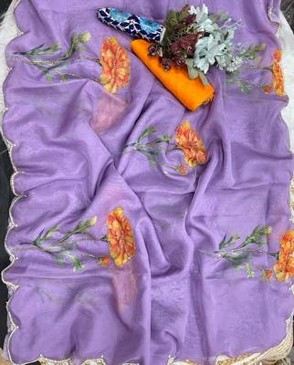 Lavender Color digital prints flower and hand cutdana work Silk Blend Saree 3