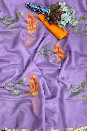 Lavender Color digital prints flower and hand cutdana work Silk Blend Saree