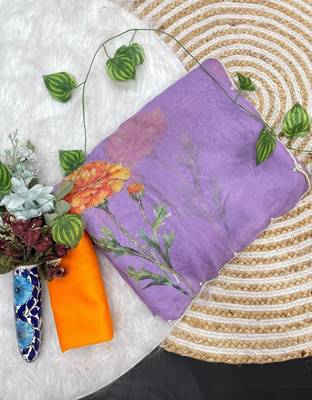 Lavender Color digital prints flower and hand cutdana work Silk Blend Saree 4