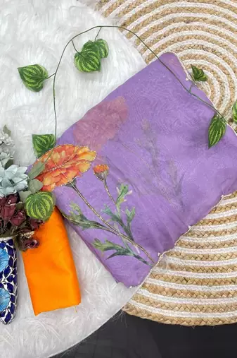 Lavender Color digital prints flower and hand cutdana work Silk Blend Saree