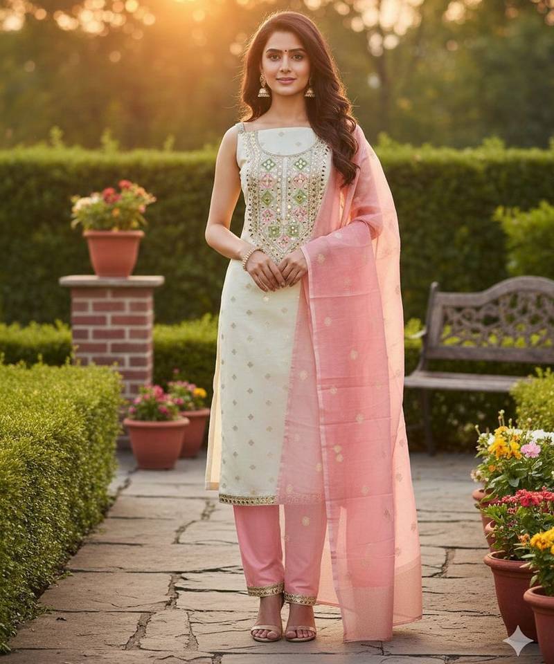 Off white color beautiful shimmer jacquard fabric ethnic partywear salwar kameez
