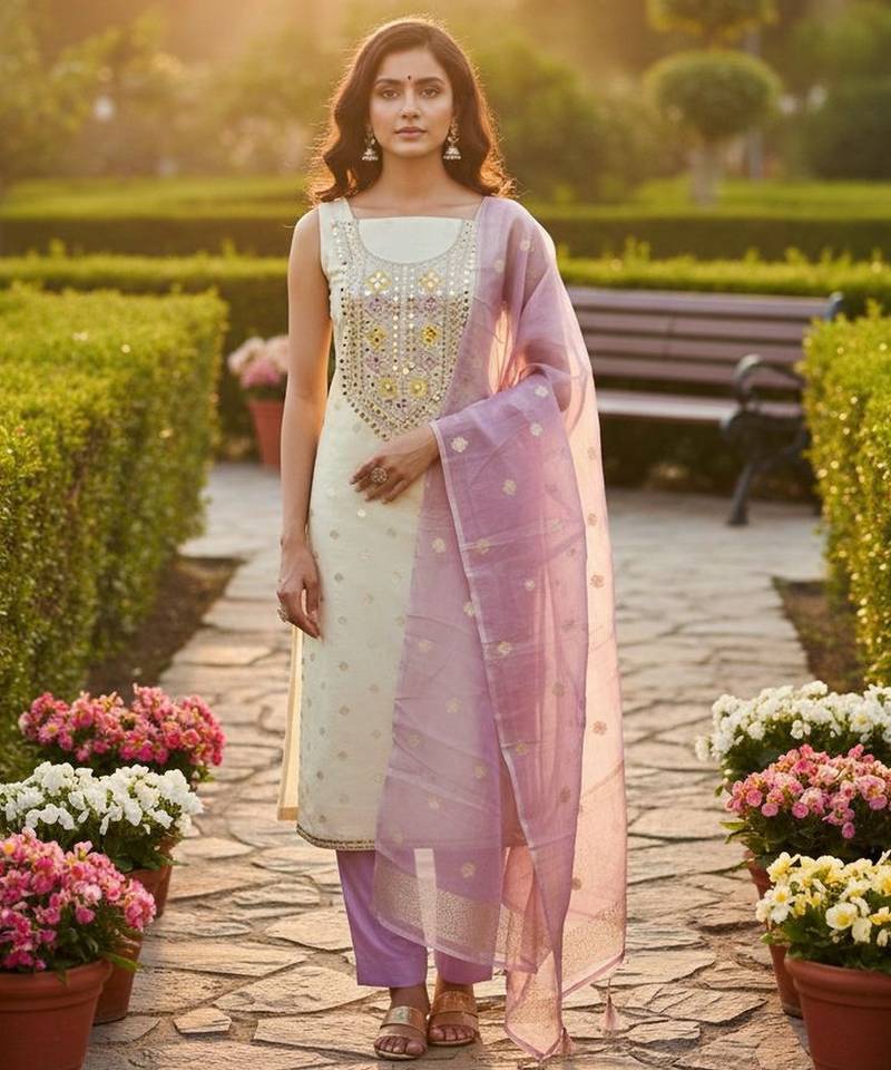 Off white color beautiful shimmer jacquard fabric ethnic partywear salwar kameez