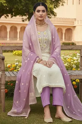 Off white color beautiful shimmer jacquard fabric ethnic partywear salwar kameez