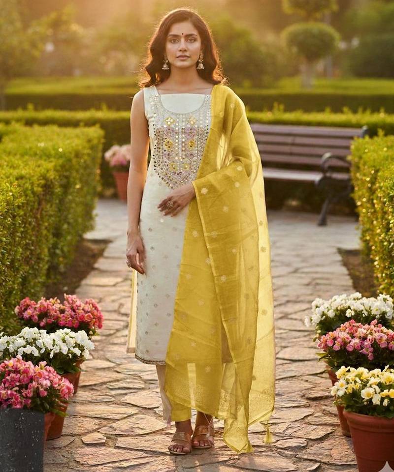 Off white color beautiful shimmer jacquard fabric ethnic partywear salwar kameez