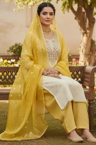 Off white color beautiful shimmer jacquard fabric ethnic partywear salwar kameez
