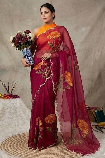 Maroon Color digital prints flower and hand cutdana work Silk Blend Saree
