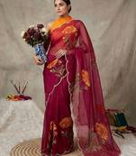 Maroon Color digital prints flower and hand cutdana work Silk Blend Saree