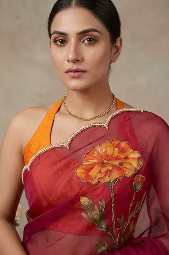 Maroon Color digital prints flower and hand cutdana work Silk Blend Saree