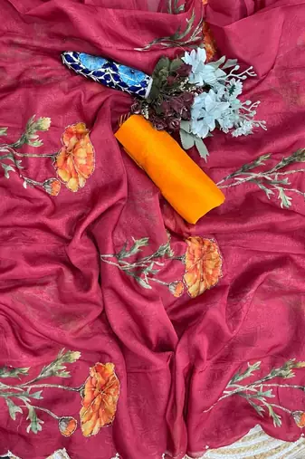 Maroon Color digital prints flower and hand cutdana work Silk Blend Saree