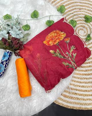 Maroon Color digital prints flower and hand cutdana work Silk Blend Saree 4