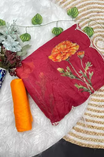 Maroon Color digital prints flower and hand cutdana work Silk Blend Saree