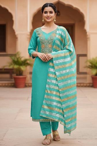 Firozi color modal butti fabric woven and embroidered ethnic suit for girls