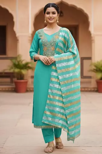 Firozi color modal butti fabric woven and embroidered ethnic suit for girls