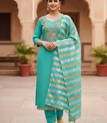 Firozi color modal butti fabric woven and embroidered ethnic suit for girls