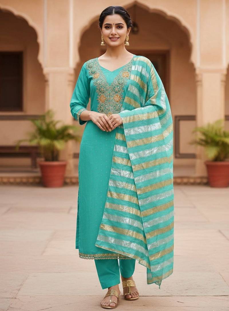Firozi color modal butti fabric woven and embroidered ethnic suit for girls