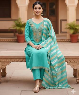 Firozi color modal butti fabric woven and embroidered ethnic suit for girls 2