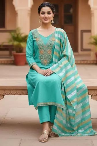 Firozi color modal butti fabric woven and embroidered ethnic suit for girls