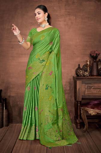 Parrot Green Satin silk blend Saree with Gold Zari Meena Peacock Work 