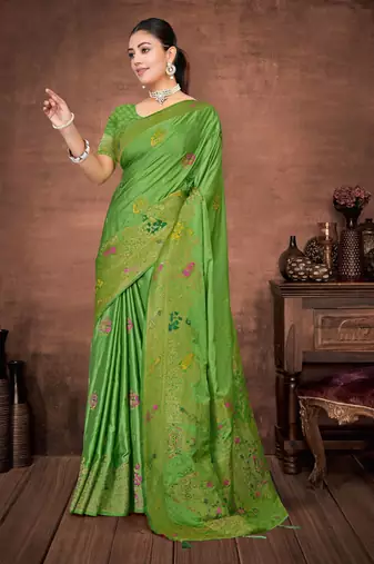 Parrot Green Satin silk blend Saree with Gold Zari Meena Peacock Work 