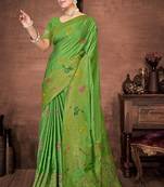 Parrot Green Satin silk blend Saree with Gold Zari Meena Peacock Work 