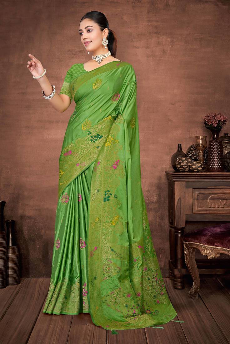 Parrot Green Satin silk blend Saree with Gold Zari Meena Peacock Work 