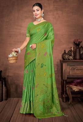 Parrot Green Satin silk blend Saree with Gold Zari Meena Peacock Work  2