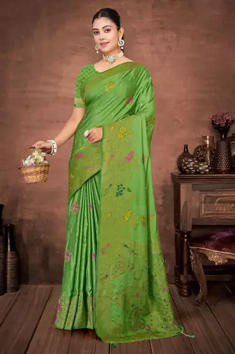 Parrot Green Satin silk blend Saree with Gold Zari Meena Peacock Work 