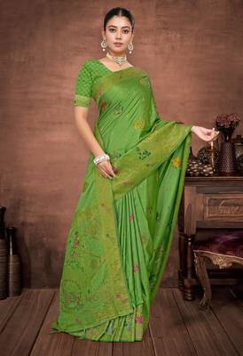 Parrot Green Satin silk blend Saree with Gold Zari Meena Peacock Work  3