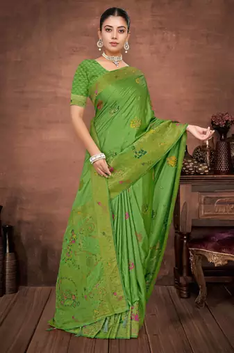 Parrot Green Satin silk blend Saree with Gold Zari Meena Peacock Work 