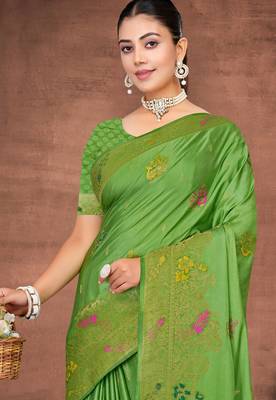 Parrot Green Satin silk blend Saree with Gold Zari Meena Peacock Work  4