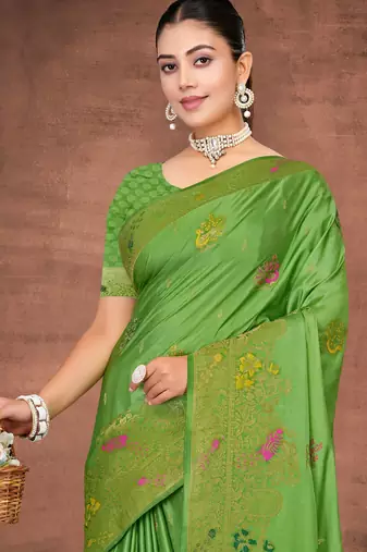 Parrot Green Satin silk blend Saree with Gold Zari Meena Peacock Work 