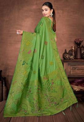 Parrot Green Satin silk blend Saree with Gold Zari Meena Peacock Work  5