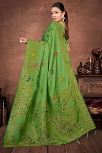 Parrot Green Satin silk blend Saree with Gold Zari Meena Peacock Work 