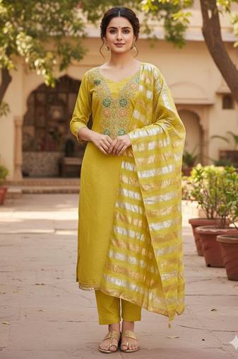 Mustard color modal butti fabric woven and embroidered ethnic suit for girls
