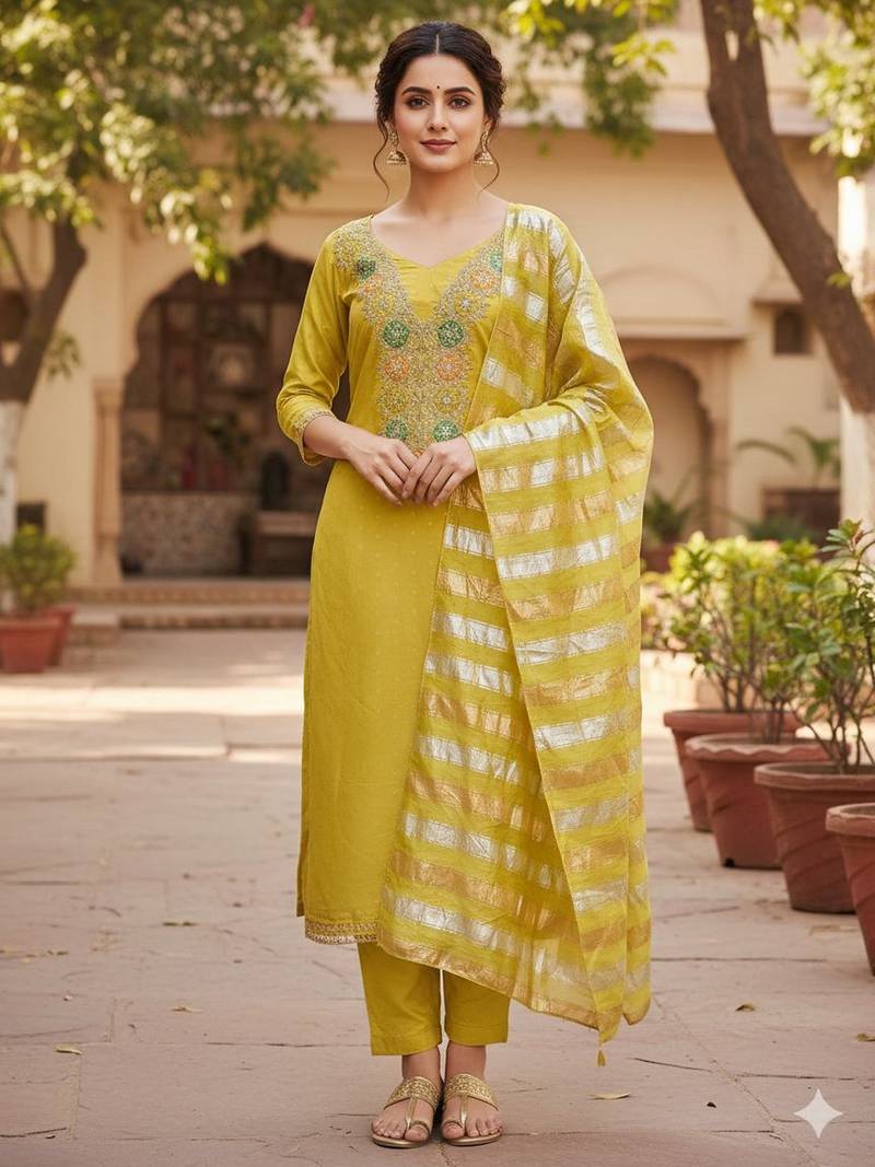 Mustard color modal butti fabric woven and embroidered ethnic suit for girls