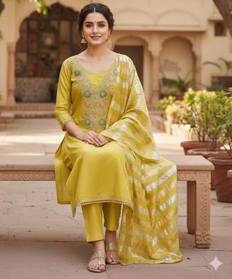 Mustard color modal butti fabric woven and embroidered ethnic suit for girls 2