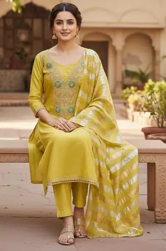 Mustard color modal butti fabric woven and embroidered ethnic suit for girls