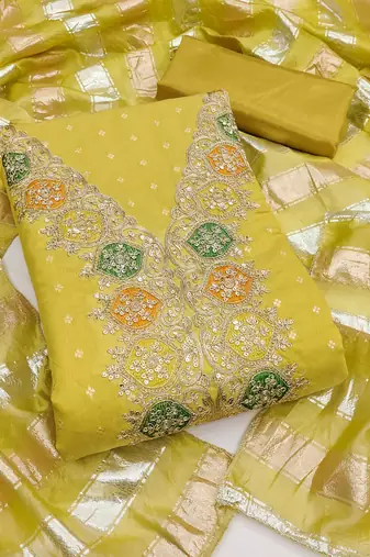 Mustard color modal butti fabric woven and embroidered ethnic suit for girls