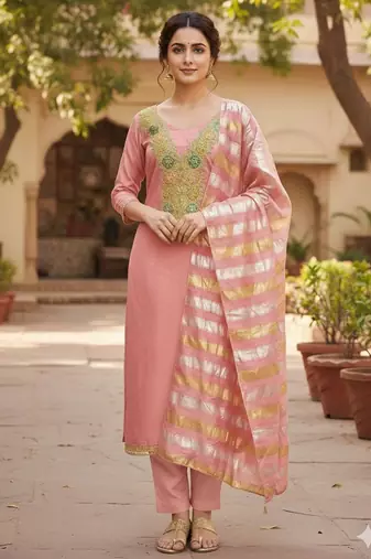 Pink color modal butti fabric woven and embroidered ethnic suit for girls