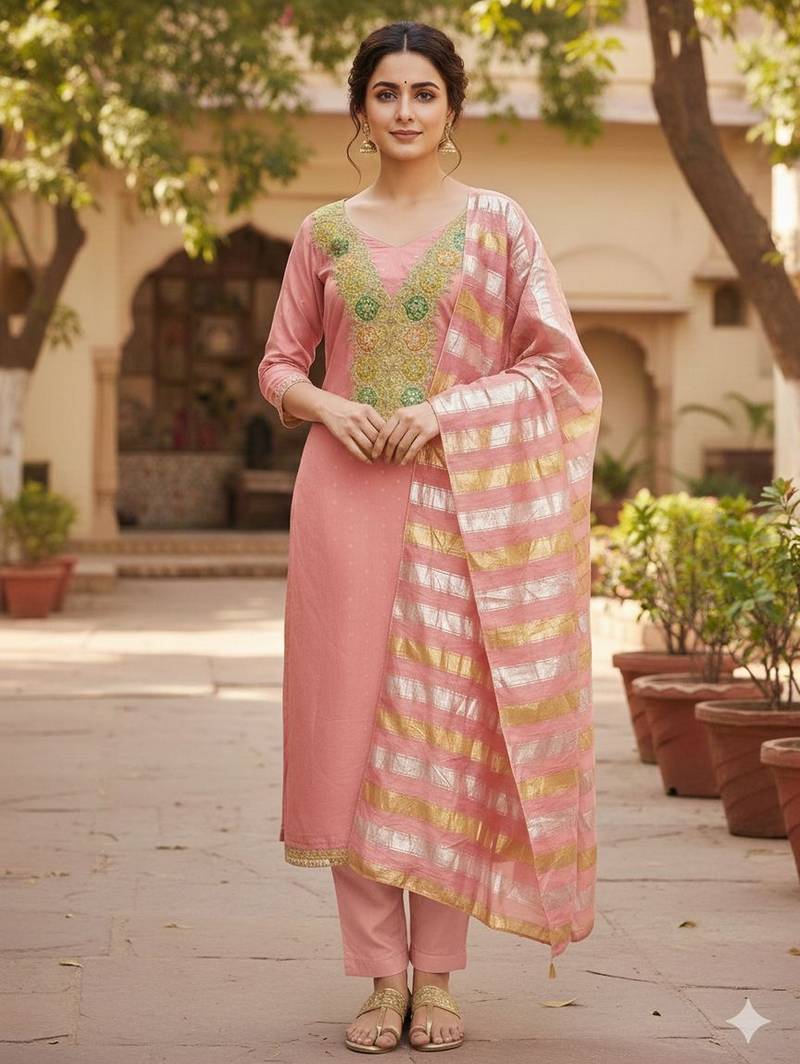 Pink color modal butti fabric woven and embroidered ethnic suit for girls