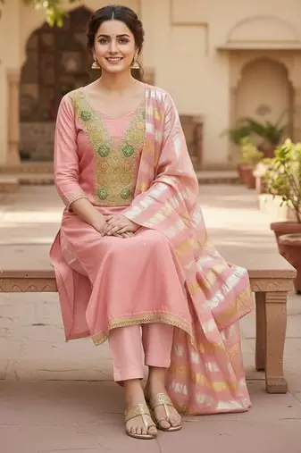 Pink color modal butti fabric woven and embroidered ethnic suit for girls