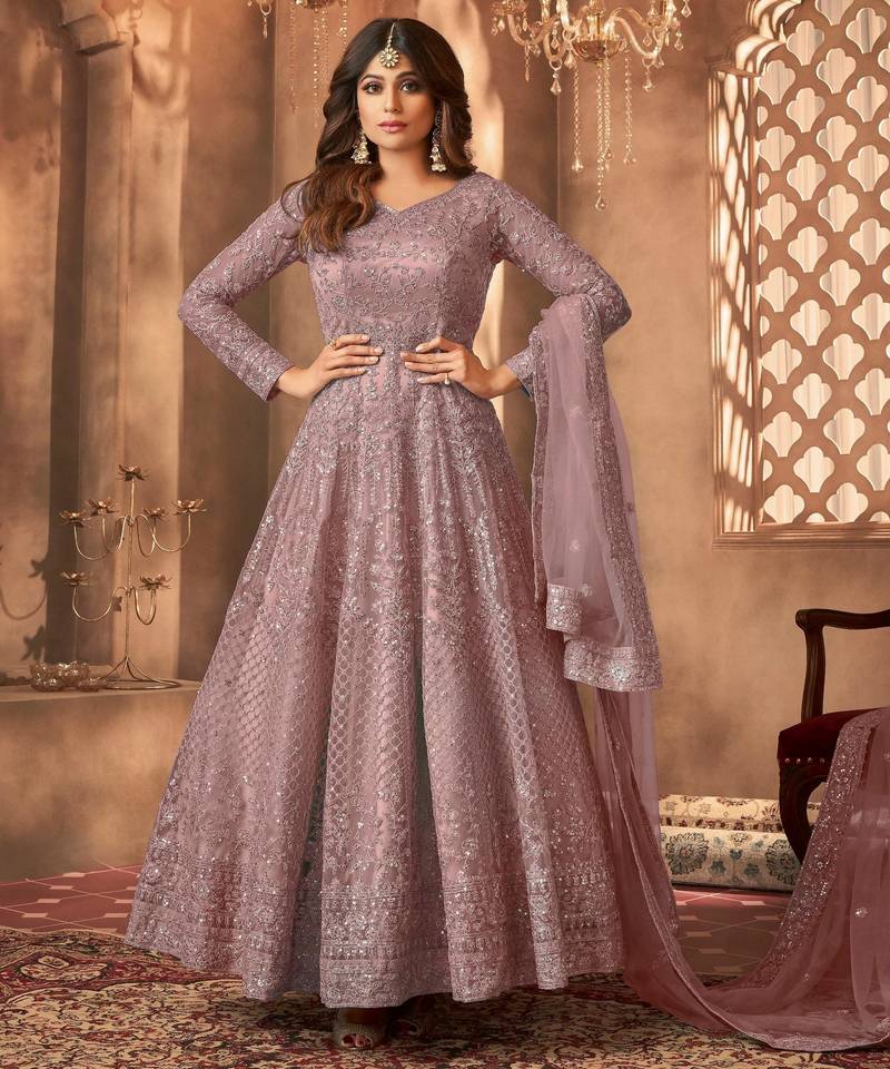 Mauve color bollywood style designer anarkali dress for ceremonial looks