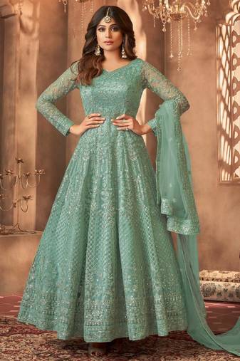 Green color bollywood style designer anarkali dress for ceremonial looks