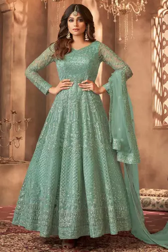 Green color bollywood style designer anarkali dress for ceremonial looks