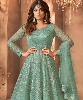 Green color bollywood style designer anarkali dress for ceremonial looks 2