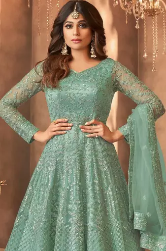 Green color bollywood style designer anarkali dress for ceremonial looks