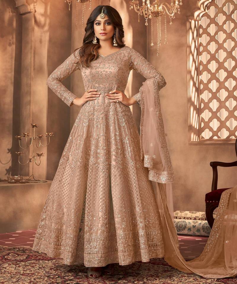 Beige color bollywood style designer anarkali dress for ceremonial looks