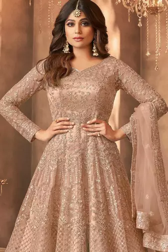 Beige color bollywood style designer anarkali dress for ceremonial looks