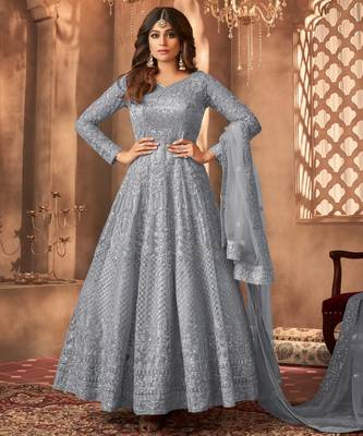 Grey color bollywood style designer anarkali dress for ceremonial looks 1