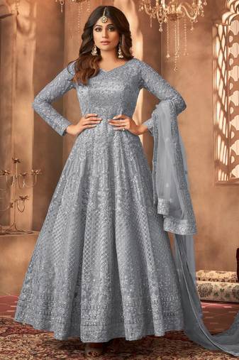 Grey color bollywood style designer anarkali dress for ceremonial looks